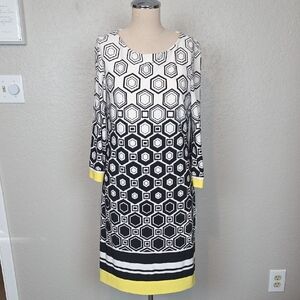 Sandra Darren Black and White Hexagon Dress with Yellow Trim
